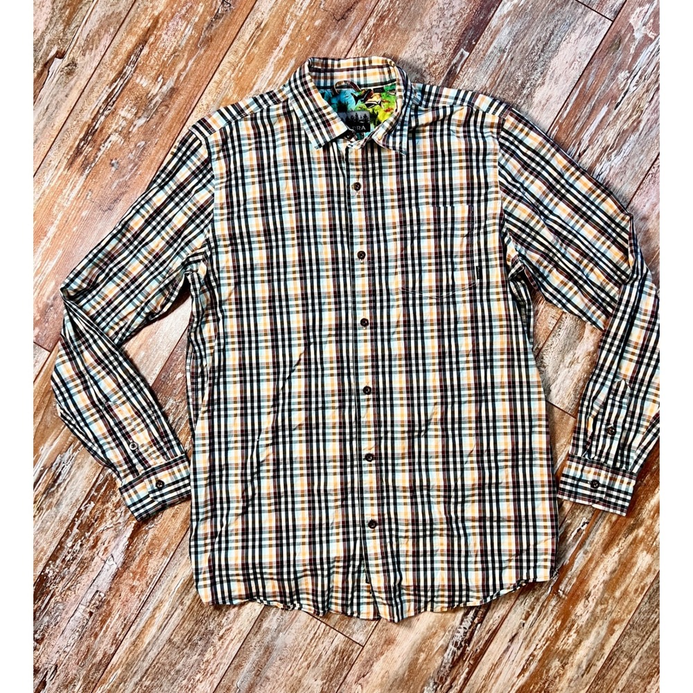 Pladra‎ Plaid Button Front Fishing Shirt Fish Print Trim Men's LT Large Tall